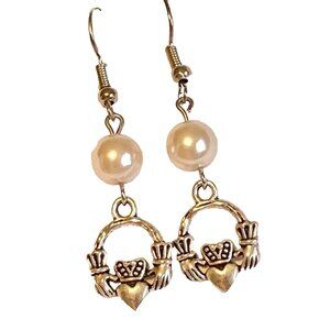 Claddagh Earrings Silver Plated Irish Celtic St Patricks Day White Glass Pearl